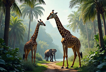 Obraz premium wallpaper elephants giraffe 