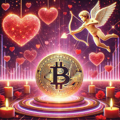 Celebrate Valentine's Day with Love and Technology! Bitcoin Sparks Heart, AI Cupid Shoots Arrow of Love, Cryptocurrency Growth Chart, The Perfect Mix of Romance, Wealth and Innovation