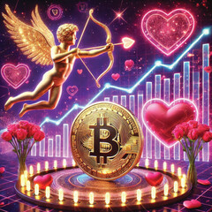 Celebrate Valentine's Day with Love and Technology! Bitcoin Sparks Heart, AI Cupid Shoots Arrow of Love, Cryptocurrency Growth Chart, The Perfect Mix of Romance, Wealth and Innovation