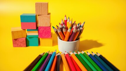 Fototapeta premium A Colorful Array of Pencils in a White Cup with Wooden Blocks on a Yellow Background