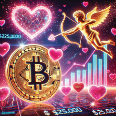 Celebrate Valentine's Day with Love and Technology! Bitcoin Sparks Heart, AI Cupid Shoots Arrow of Love, Cryptocurrency Growth Chart, The Perfect Mix of Romance, Wealth and Innovation
