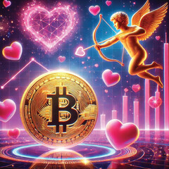 Celebrate Valentine's Day with Love and Technology! Bitcoin Sparks Heart, AI Cupid Shoots Arrow of Love, Cryptocurrency Growth Chart, The Perfect Mix of Romance, Wealth and Innovation