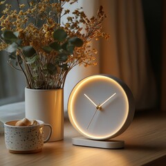 Glowing clock, vase with dried flowers, and mug with biscuits on a wooden table.