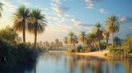 Obraz premium Tranquil Desert Oasis, serene palm trees, glistening water, peaceful retreat, natural beauty, inviting landscape, warm sunlight