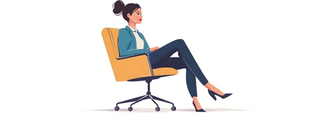 A woman in professional attire sitting on an office chair, clipart in cartoon style