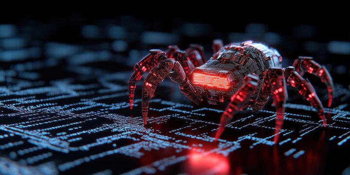 Futuristic web crawler robot with glowing red lights on digital surface