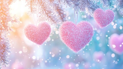 Obraz premium Winter Love Pink Hearts Hanging on Snowy Branches