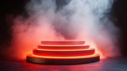 Illuminated Three Tiered Platform In Smoky Setting
