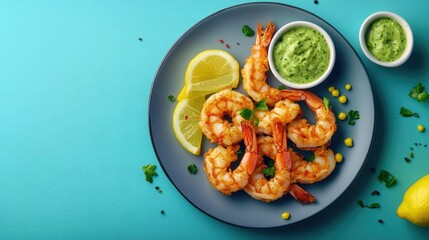 Seafood dish of fried shrimps paired with lemon wedges and green sauce, placed on a stylish plate with room for advertising text.