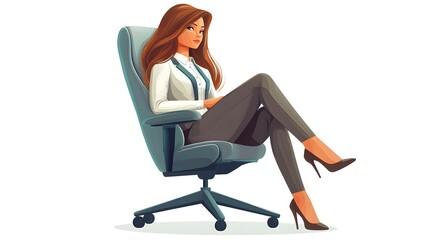 A woman in professional attire sitting on an office chair, clipart in cartoon style