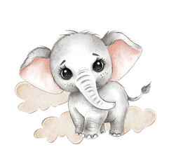 Watercolor Baby Elephant. cute cartoon illustration. Isolated on a white background.