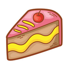 cake slice with cherry topping, perfect for bakery menus, dessert recipes, or celebration invitations with a sweet theme