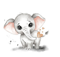Watercolor Baby Elephant. cute cartoon illustration. Isolated on a white background.