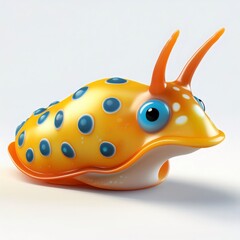 Fototapeta premium 3D cartoon firefly nudibranch with big blue eyes and orange antennas crawling on white background