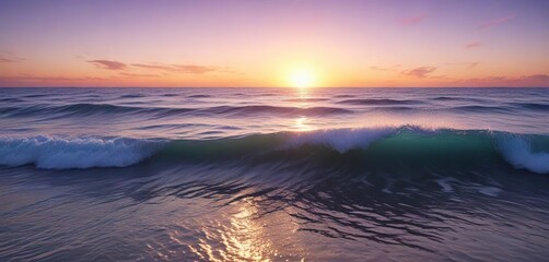 Obraz premium Soft ocean waves against a gradient blue-purple sky at sunset, tranquil ocean, soothing atmosphere