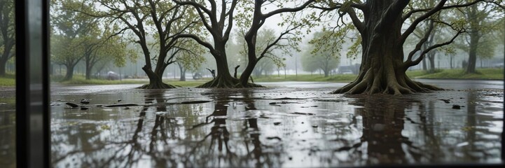 Fototapeta premium The distorted reflection of a tree or other landscape features in a puddle of water on an old glass windowpane during a rainy spring day, landscape photography, puddle water