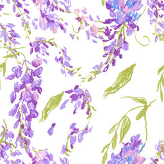 Purple wisteria crayons seamless pattern on white isolated background. Textural and botanical repeating pattern. Design for textiles, wrapping paper and wallpaper.
