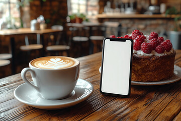Blank phone screen and romantic Valentine's dessert with coffee in a cozy cafe