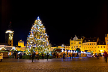 Christmas market and Christmas tree in Ceske Budejovice. Christmas Eve.