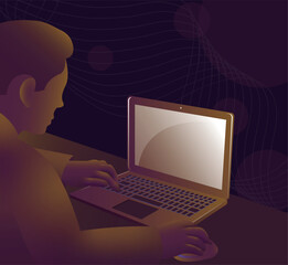 Man presses the keyboard on the laptop vector illustration with abstract background