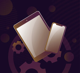 Tablet and smartphone on abstract background with gears vector illustration