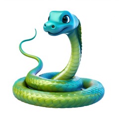 Fototapeta premium Friendly cartoon 3D sea snake curling body, smiling and displaying vivid green blue scales on clean white surface