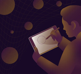 A man draws a circle on a tablet with a stylus vector illustration