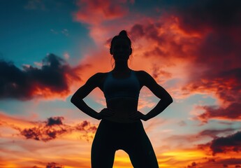 sunset silhouette of a female athlete in sportswear symbolizes inner peace and physical strength, ideal for promoting fitness and personal growth.