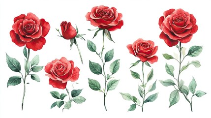 Vibrant red roses in a collection of five stems, with delicate green leaves, symbolizing love and romance on a clear background.