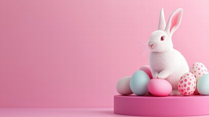 Obraz premium Spring Festival Display Bunny & Colorful Eggs in a Vibrant Indoor Pink Environment