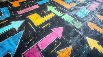 Fototapeta premium Chalk Art Shopping Mall Map, vibrant arrows guiding through colorful sections, engaging layout for easy navigation in a lively shopping environment