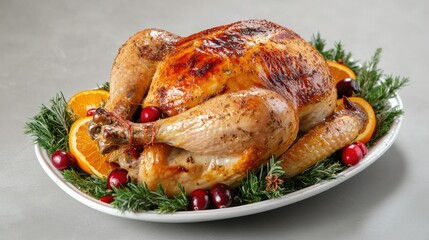 Whole roasted chicken garnished with cranberries and orange slices, styled on a grey background with space for text.