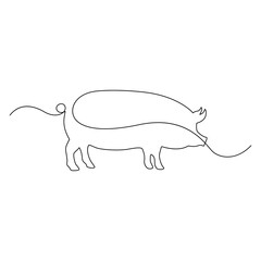Pig one line continuous drawing. Piggy silhouette. Farm animal continuous one line illustration, Pig in continuous line art drawing style. Abstract pig silhouette minimalist black linear design.