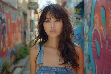 Naklejka premium Exuding cool confidence, a young woman with black hair in denim overalls stands boldly against a graffiti covered wall, matching the urban, artistic setting.