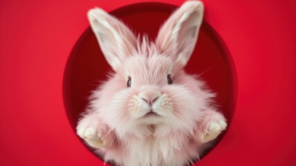 Obraz premium A fluffy white rabbit peeks through a circular opening in a red background, its soft fur and pink nose creating a captivating contrast.