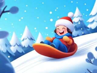 Obraz premium A child sledding down a snowy hill with trees in the background, capturing fun, energy, and the joy of winter playtime