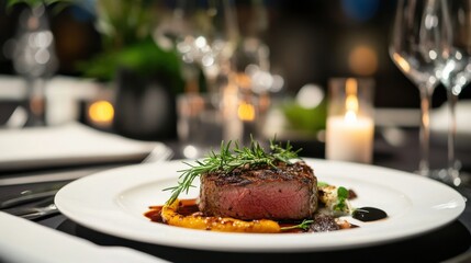 Gourmet dining experience upscale restaurant food photography elegant setting close-up view culinary art