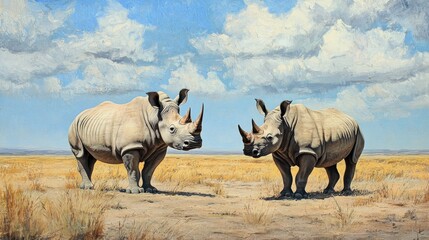 Obraz premium Wildlife safari scene with two white rhinoceroses captured in their natural habitat in the vast expanse of the Kalahari desert.