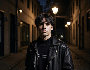 Fototapeta premium Young Man in a Leather Jacket Under a Streetlamp at Night