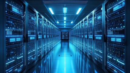 Data center operations technology hub digital infrastructure high-tech environment wide-angle view modernity and efficiency