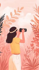 Woman Photographing Nature Amidst Coral Foliage