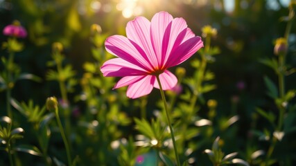 Fototapeta premium A delicate pink flower basks in the warm glow of the setting sun, its petals unfurling like a delicate dance against a backdrop of verdant greenery.