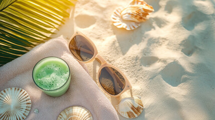 Sunglasses, coconut, and tropical smoothie on a vibrant orange beach towel