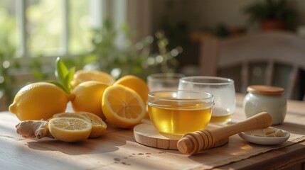 Ginger, lemon, and honey arrangement on a wooden tray.