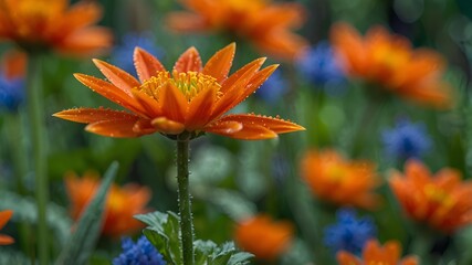 A flower with orange petals and dark blue in center