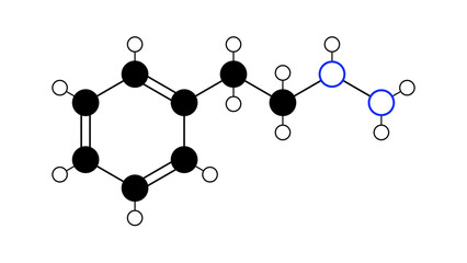 phenelzine molecule, structural chemical formula, ball-and-stick model, isolated image antidepressant