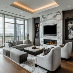 Stylish living room in condo featuring dark wood accents, modern furniture, and cozy fireplace. large windows offer stunning city view, creating warm and inviting atmosphere