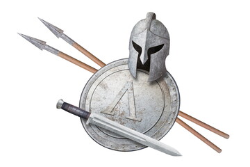 spartan helmet sword shield and two spears isolated on white