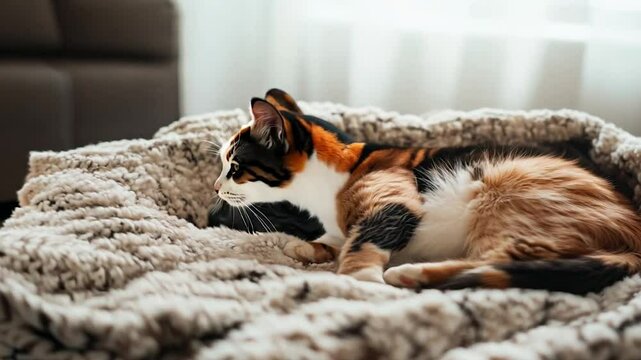 A peaceful calico cat curled up and sleeping soundly on a soft, textured blanket. The gentle lighting and cozy atmosphere emphasize comfort and relaxation