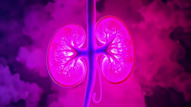 A vibrant, stylized illustration of a human kidney with intricate details.